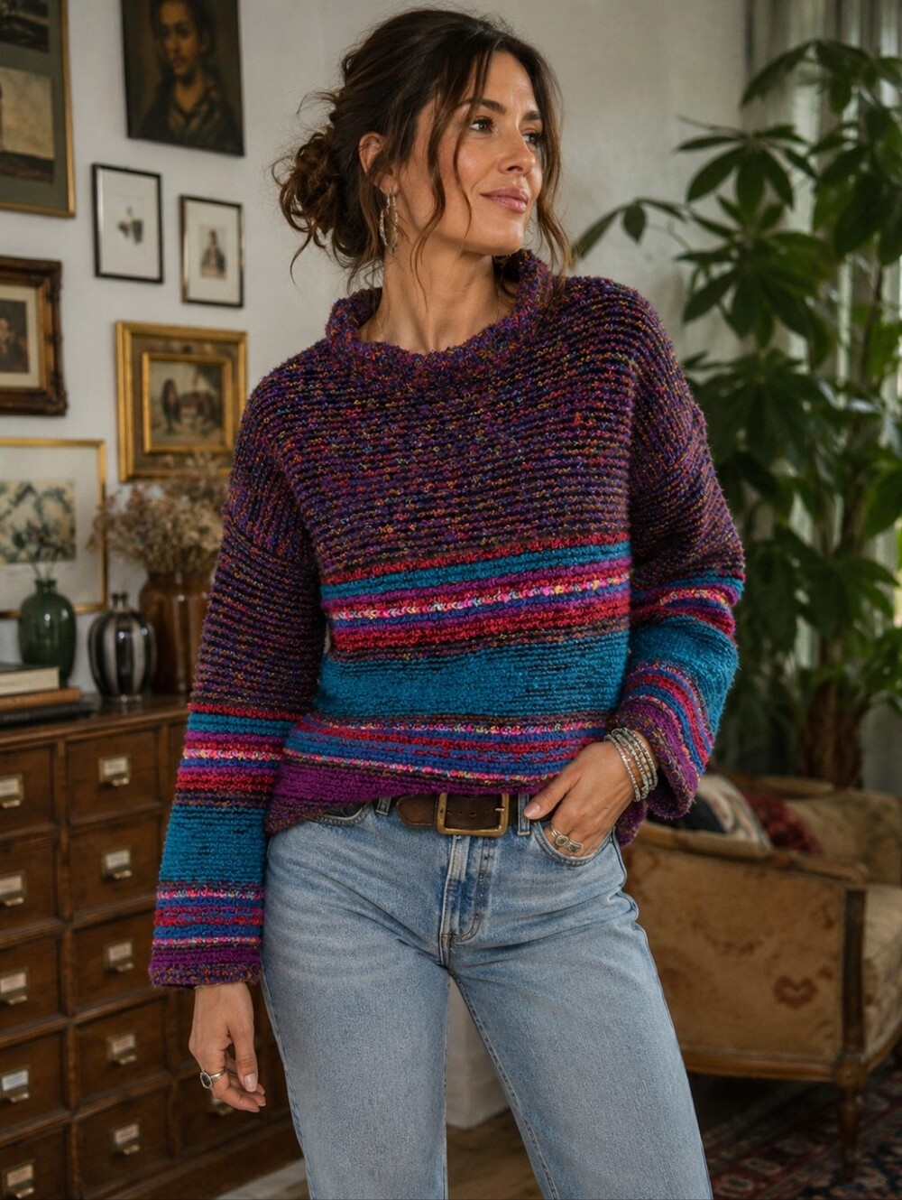 Vintage Art Eclectic Wool Sweater Medium Colorful Textured Artisan Knit Made USA